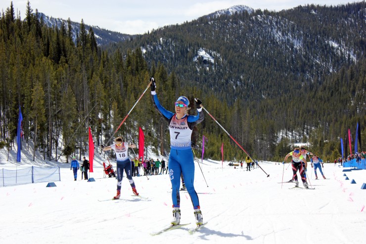 Sadie Bjornsen (USST/APU) celebrates her win in Sunday's 1.2 k freestyle sprint. The victory is her second of the SuperTour Finals after she placed first in Saturday's 10 k classic.