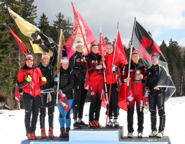 The women's podium in 5 k freestyle at the 2015 NCAA Championships in Lake Placid. Utah's Veronika Mayerhofer took the win, while Denver's Sylvia Nordskar placed second and Emilie Cedervaer claimed third. 
