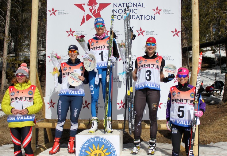 The women's 1.2 k freestyle sprint podium at the 2015 SuperTour Finals. 