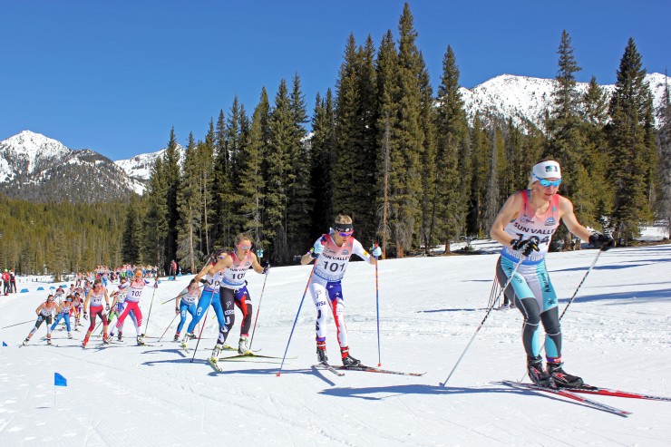 Caitlin Gregg (Team Gregg) leads the start of the women's National Championships 30 k freestyle mass start at the 2015 SuperTour Finals in Sun Valley, Idaho. 