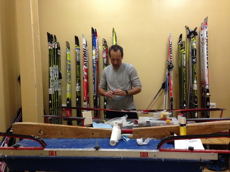 JD Downing at work in the U.S. wax room at the Smetanina Sports Complex at 2015 Masters World Cup. (Photo: Inge Scheve)