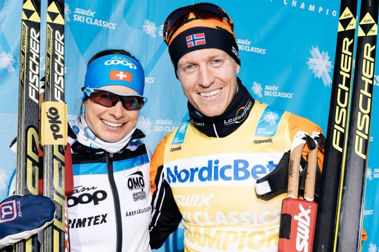 Seraina Boner (l) of Switzerland and Team Coop and Petter Eliassen of Norway and Team LeasePlan Go won the Årefjällsloppet on March 28, the last of nine events in the 2014/2015 Swix Ski Classics marathon series. (Photo: Ski Classics)