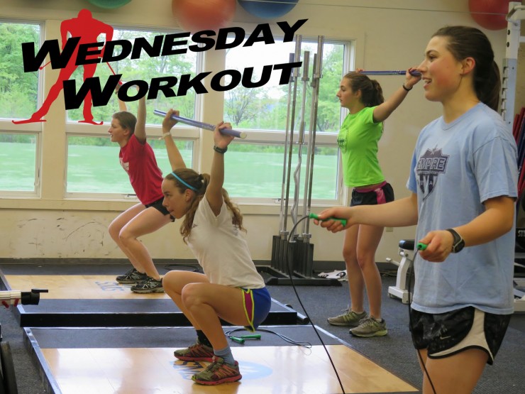 Stratton nordic skiers work on general strength, specifically overhead squats, last summer. From left to right: Mackenzie Rizio, Katharine Ogden, Tegan Thorley, and Ana Witkowski. (Photo: Sverre Caldwell)