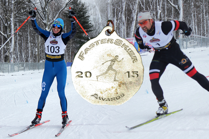 Rosie Brennan (l) and Dakota Blackhorse-von Jess (r), two Dartmouth graduates pictured winning individual races at 2015 U.S. Cross Country Championships, are FasterSkier's 2015 Continental Cup Skiers of the Year.