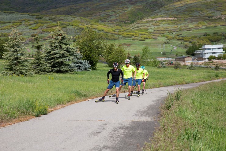 Noah Hoffman leads Erik Bjornsen and Simi Hamilton while rollerskiing at Soldier Hollow in Midway, Utah as part of the 2015 U.S. Cross Country Ski Team Spring Camp (Photo: USSA/Sarah Brunson)