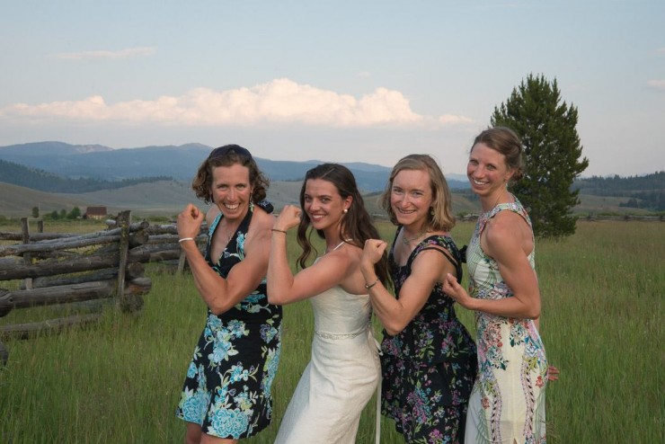 Sara Studebaker (second from l) married Zach Hall in mid July and celebrated with friends and former US Biathlon teammates Susan Dunklee (l), Hannah Dreissigacker (second from r), and Annelies Cook (r) in Stanley, Idaho. (Photo: Sara Studebaker/Facebook)