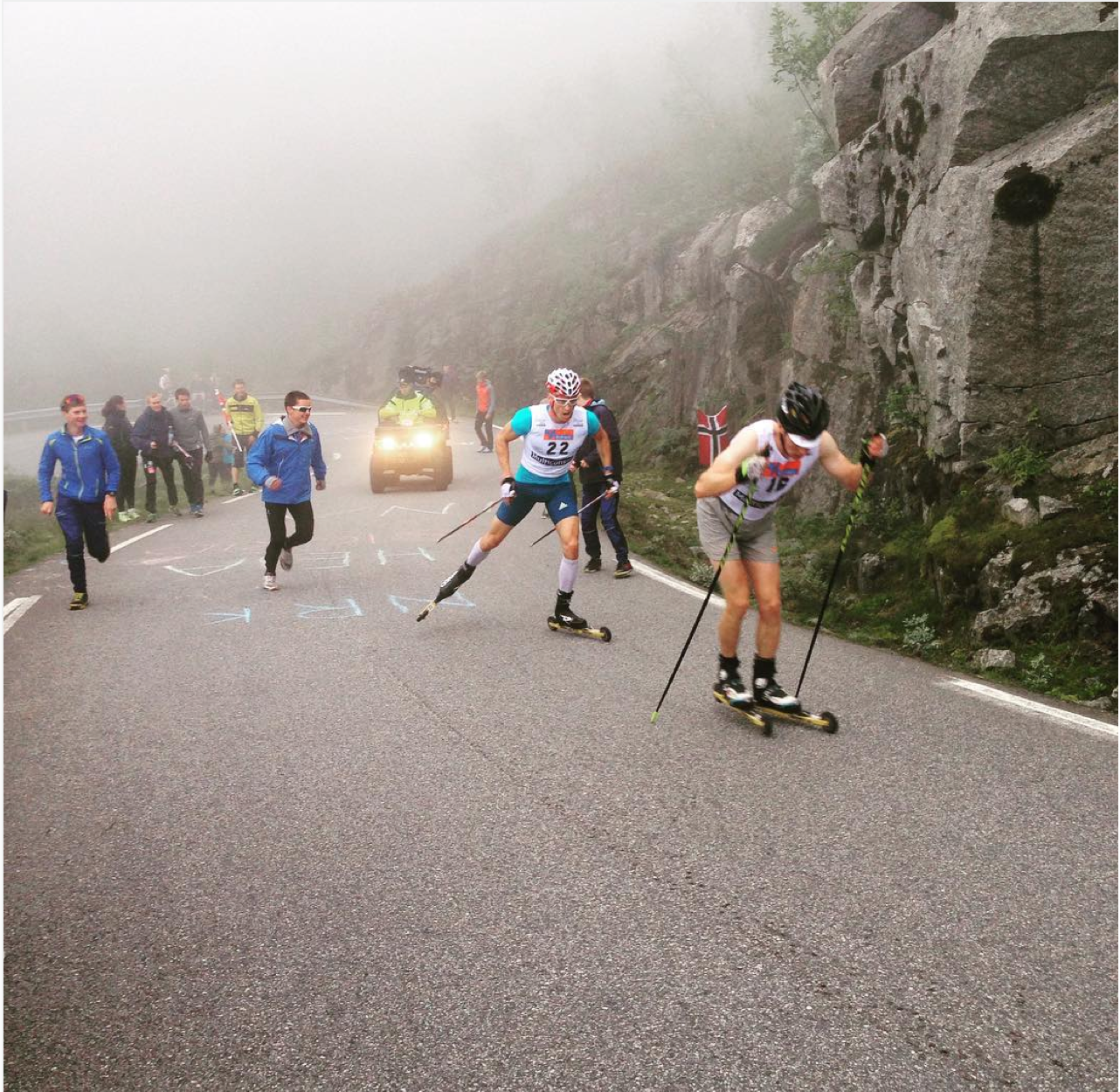 Matti Heikkinen of Finland drops Russia's Alexander Legkov at the top of the Lysebotn Op hill climb, a seven kilometer rollerski race which kicked off the Blink festival in Norway on Thursday. (Photo: Blinkfestivalen/Instagram)