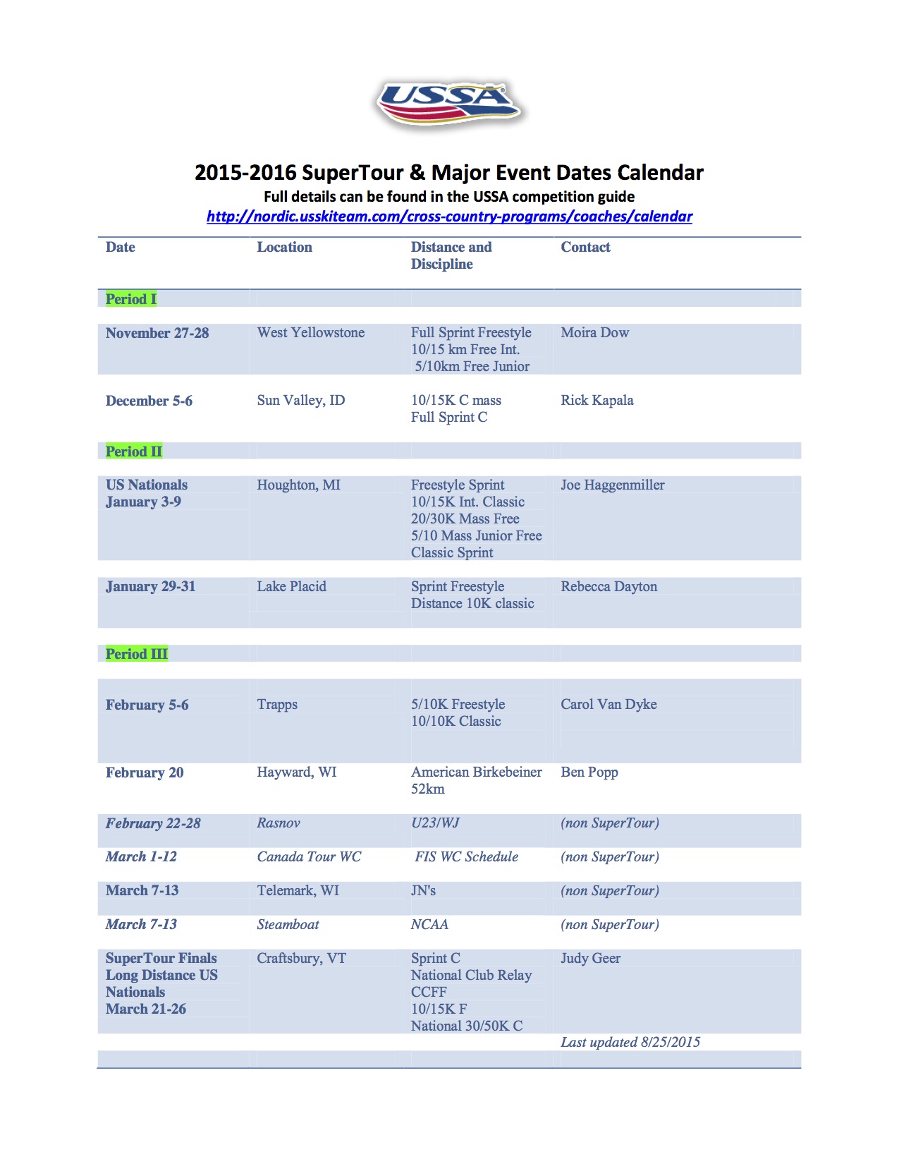 2015-2016 SuperTour Schedule