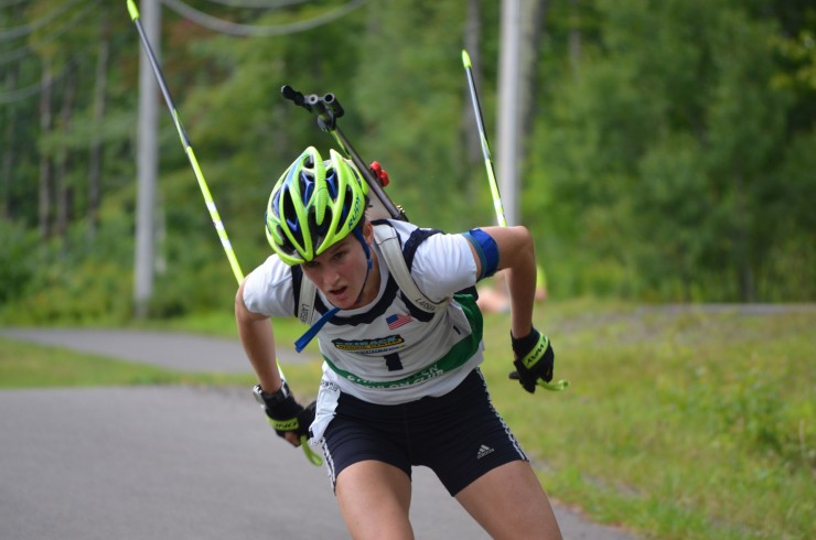 USBA A-team rookie Clare Egan competing at the 2015 North American Rollerski Cup and US Biathlon National Rollerski Championships in mid-August in Jericho, Vt. (Photo: Paul Bierman)