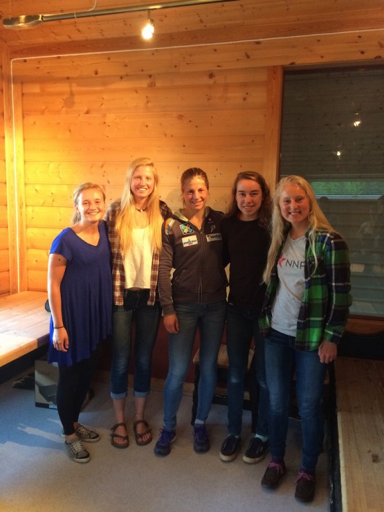 Four U.S. juniors at the International Junior Camp with Norway's Astrid Jacobsen, who presented to the camp in Sjusjøen, Norway. From left to right: Alayna Sonnesyn, Hailey Swirbul, Jacobsen, Katharine Ogden, and Hannah Halvorsen. (Photo: Hailey Swirbul)