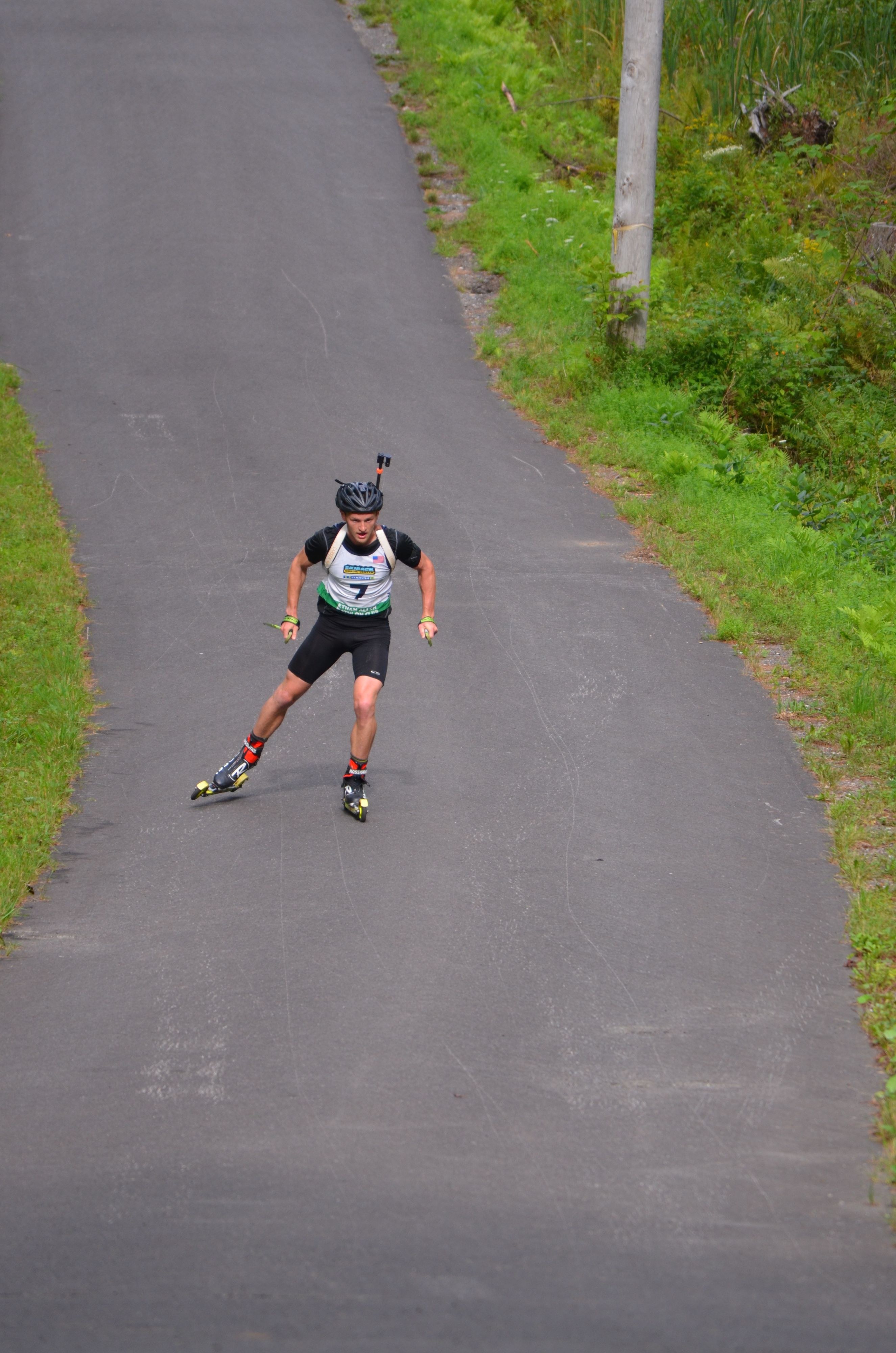Jake Ellingson of Mount Itasca Biathlon shot a flawless race in the mass start of the North American Rollerski Cup in Jericho, Vermont, to place second overall and the top American. (Photo: Paul Bierman)