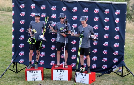 The podium at the 2015 U.S. Nordic Combined Championships, which were held in Park City and Midway, Utah: with winner Bryan Fletcher (c), second-place finisher Adam Loomis (l) and Taylor Fletcher in third. (Photo: USSA/Tom Kelly)