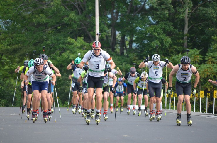 The men's mass start at the 2015 North American Rollerski Cup and US Biathlon National Rollerski Championships in mid-August in Jericho, Vt. (Photo: Paul Bierman)