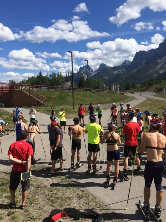 Athletes at the first-ever Canadian Alignment camp, from late June to early July, meet during a rollerski workout at the Canmore Nordic Centre in Canmore, Alberta. (Photo: Eric de Nys)