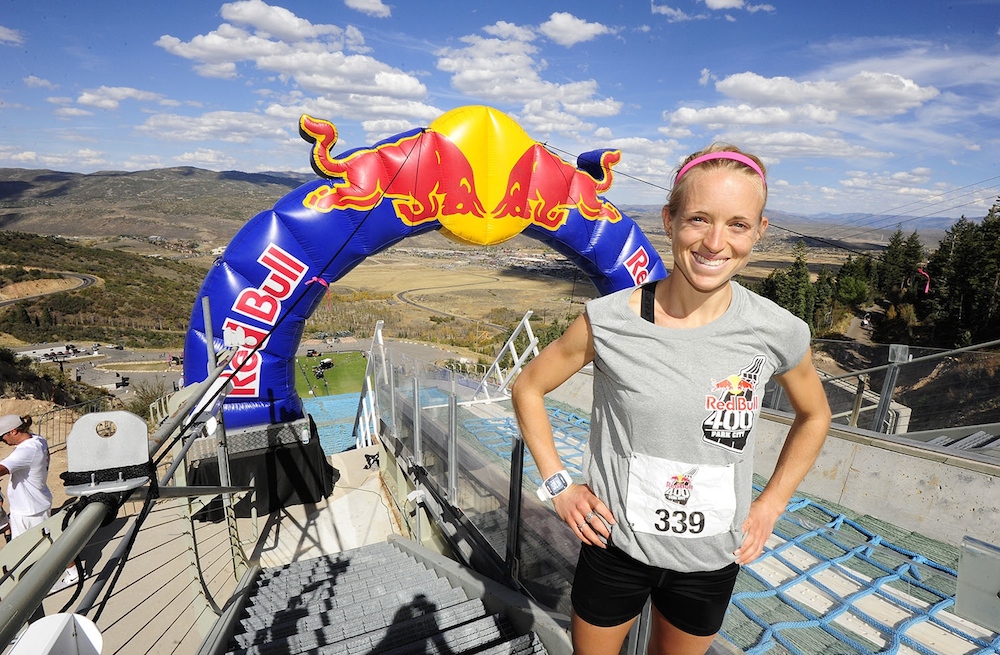 Liz Stephen celebrates her win in the Red Bull 400 hill climb up the Olympic ski jump at the Utah Olympic Park. It was the first time the Red Bull 400 has been held in America. (Tom Kelly/USSA)