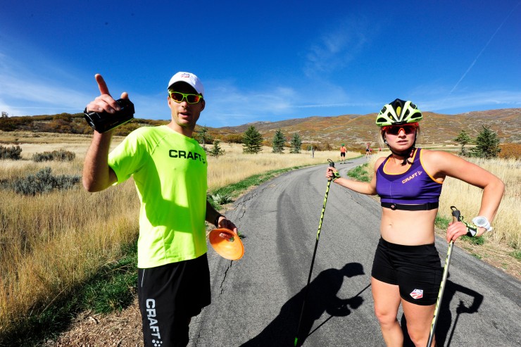Coach Matt Whitcomb works with Jessie Diggins at at U.S. Cross Country Ski Team roller ski training on the Olympic trails at Soldier Hollow, Utah. (U.S. Ski Team - Tom Kelly)