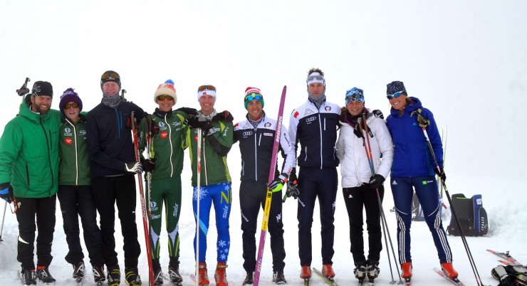A group shot of the Green Mountain Valley School (GMVS) Nordic Team with Italian national-team members Federico Pellegrino and Simone Urbani. Pellegrino has won three individual World Cups. The GMVS team traveled to Italy in early September for two weeks of training around Mals and on the Stelvio Glacier. (Photo: http://gmvsxc.blogspot.com/2015/09/day-10-stelvio-2.html)
