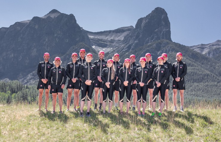 The 2015/2016 Canadian National Senior Team, with co-head World Cup coaches Justin Wadsworth (l) and Louis Bouchard (second from l) and athletes (from l to right) Jess Cockney, Len Valjas, Dahria Beatty, Alex Harvey, Cendrine Browne, Devon Kershaw, Katherine Stewart-Jones, Ivan Babikov, Emily Nishikawa, Knute Johnsgaard, Olivia Bouffard-Nesbitt, technical services coordinator Joel Jaques, and Graeme Killick during a photo shoot in their new Swix training wear in Canmore, Alberta. (Photo: CCC)