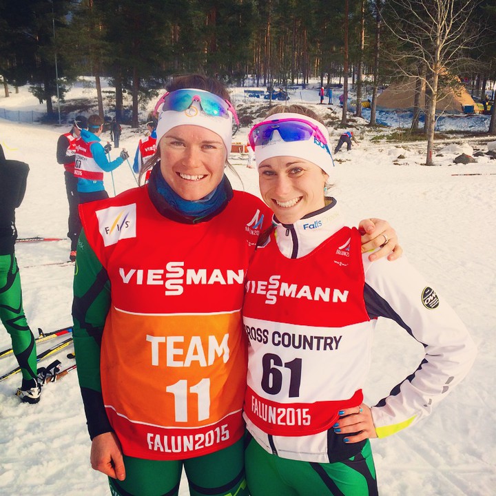 Bernie Nelson (l) coaching Australian national-team skier, Alaska Pacific University member and former MSU athlete Jessica Yeaton (r) at the 2015 World Championships in Falun, Sweden. (Photo: Bernadette Nelson)