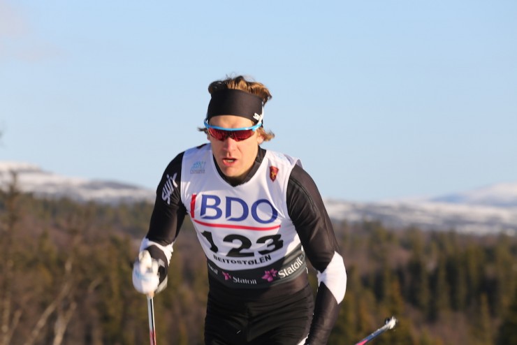 Devon Kershaw racing to 33rd on classic skis (he was one of the few men to stride rather than double pole on skate skis) during the 15 k classic FIS race on Nov. 13 in Beitostølen, Norway. (Photo: Eirik Lund Røer/SKIsport)