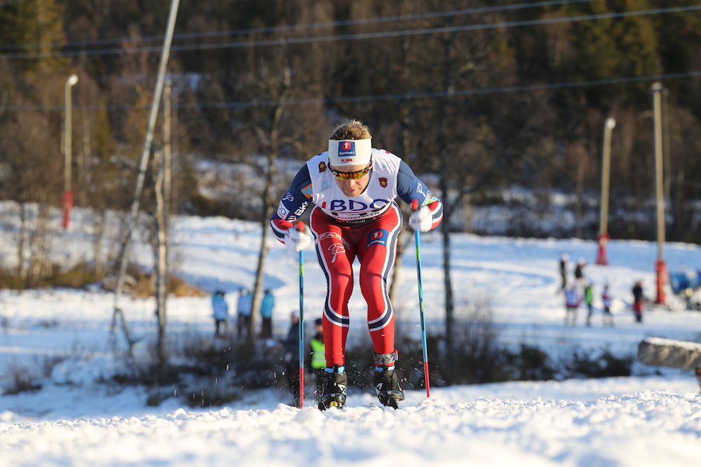 Sjur Røthe (Norwegian National Team) double poling his way to a win in the first race of the 2015/2016 season, a 15 k classic FIS race in Beitostølen, Norway. (Photo: Eirik Lund Røer/SKIsport)