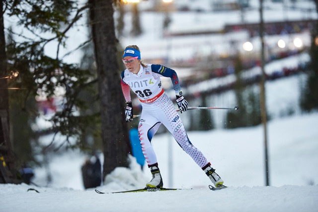 Sadie Bjornsen racing to 14th in the women's 5 k freestyle at last weekend's World Cup in Kuusamo, Finland. She placed 14th overall in the Ruka Triple mini tour. In four races so far this season, Bjornsen has finished in the top 20 in all of them. (Photo: Fischer/NordicFocus)