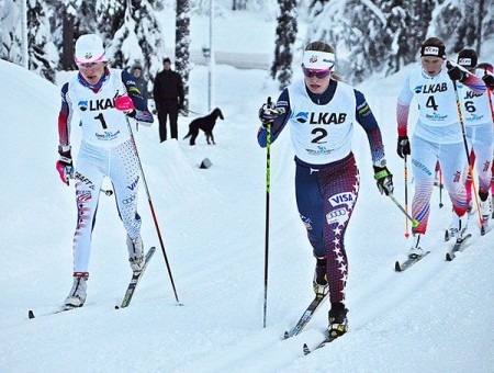 Sophie Caldwell (l) and Jessie Diggins (r) take charge during Saturday's 1.2 k classic sprint, the first FIS race of the season in Gällivare, Sweden. (Photo: USSA/Stefan Nieminen)