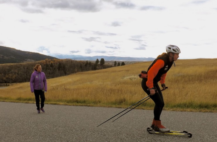 MSU assistant coach Anja Gruber (l) with MSU skier Maria Gesior during an uphill double-pole workout.