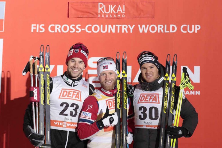 Canadian Alex Harvey (l) placed second in Saturday's 10 k freestyle at the World Cup in Kuusamo, Finland, to share the podium with Norwegian winner Martin Johnsrud Sundby (c) and Switzerland's Dario Cologna  (r) in third. (Photo: CCC/NordicFocus)