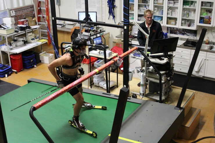 Bridger Ski Foundation Akeo Maifeld Carucci,  during a V02max rollerski treadmill test at Montana State University's Movement Science/Human Performance Lab, this week in November. 