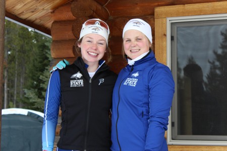 Montana State University nordic team captains Cambria McDermott and Lina Hulton in the stadium at the Rendezvous Ski Trails during the West Yellowstone Ski Festival in late November. (Photo: Gabby Naranja) 