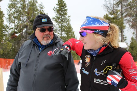 Thor Godar, West Yellowstone Ski Festival Trail Pass Checker and West Yellowstone native, chats with BSF elite athlete Jennie Bender Tuesday, November 24th. (Photo: Gabby Naranja) 