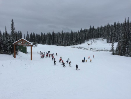 A gaggle of skiers at a junior camp head out on the trails at the Sovereign Lake Nordic Centre on Nov. 14 in Vernon, British Columbia. Each winter, Sovereign Lake hosts a series of weekend and weekday camps, called SuperCamp. (Photo: Gerry Furseth)