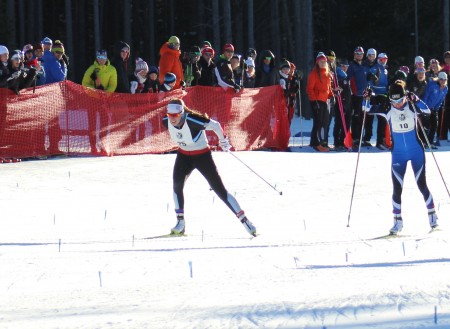 Alberta World Cup Academy racer, Dahria Beatty (l), skiing to a third place finish at Friday's SuperTour sprint in West Yellowstone, APU Chelsea Holmes finished fourth overall. 