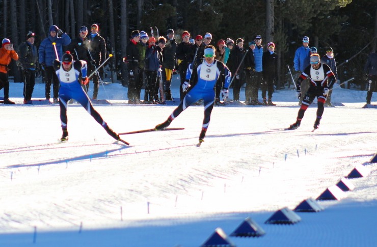 Logan Hanneman (l) leads older brother Reese Hanneman (c) and Dakota Blackhorse-von Jess into the finishing stretch to win the 1.3 k freestyle sprint at the West Yellowstone SuperTour opener for his first SuperTour victory. 