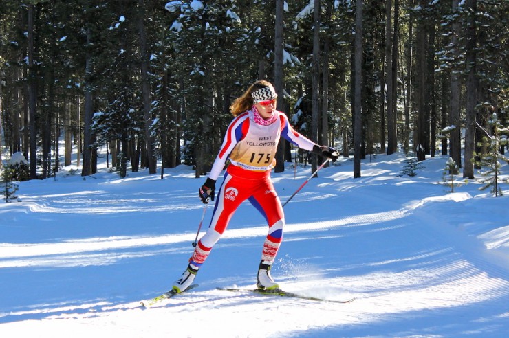 Katharine Ogden (SMS/USST) racing to her first SuperTour win in Saturday's 10 k freestyle individual start at the West Yellowstone SuperTour in Montana. She beat Chelsea Holmes (APU) by 1.8 seconds.