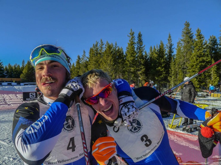 The Hanneman brothers after placing first and second in the men's SuperTour freestyle sprint on Friday in West Yellowstone, Mont. Younger brother Logan Hanneman (r) won the final for his first SuperTour victory and Reese (l) placed second.