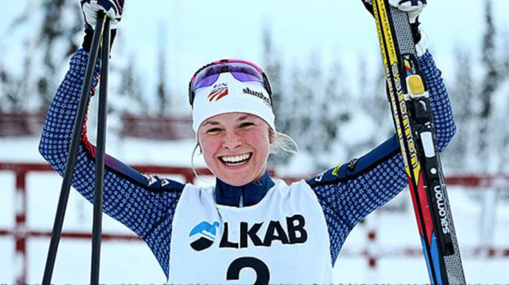 In the U.S. Ski Team's first race of the 2015/2016 season, Jessie Diggins led a 1-2 U.S. finish with teammate Sophie Caldwell finishing second. Here Diggins is shown celebrating her FIS classic sprint win on Saturday in Gällivare, Sweden. (Photo: USSA/Stefan Nieminen)