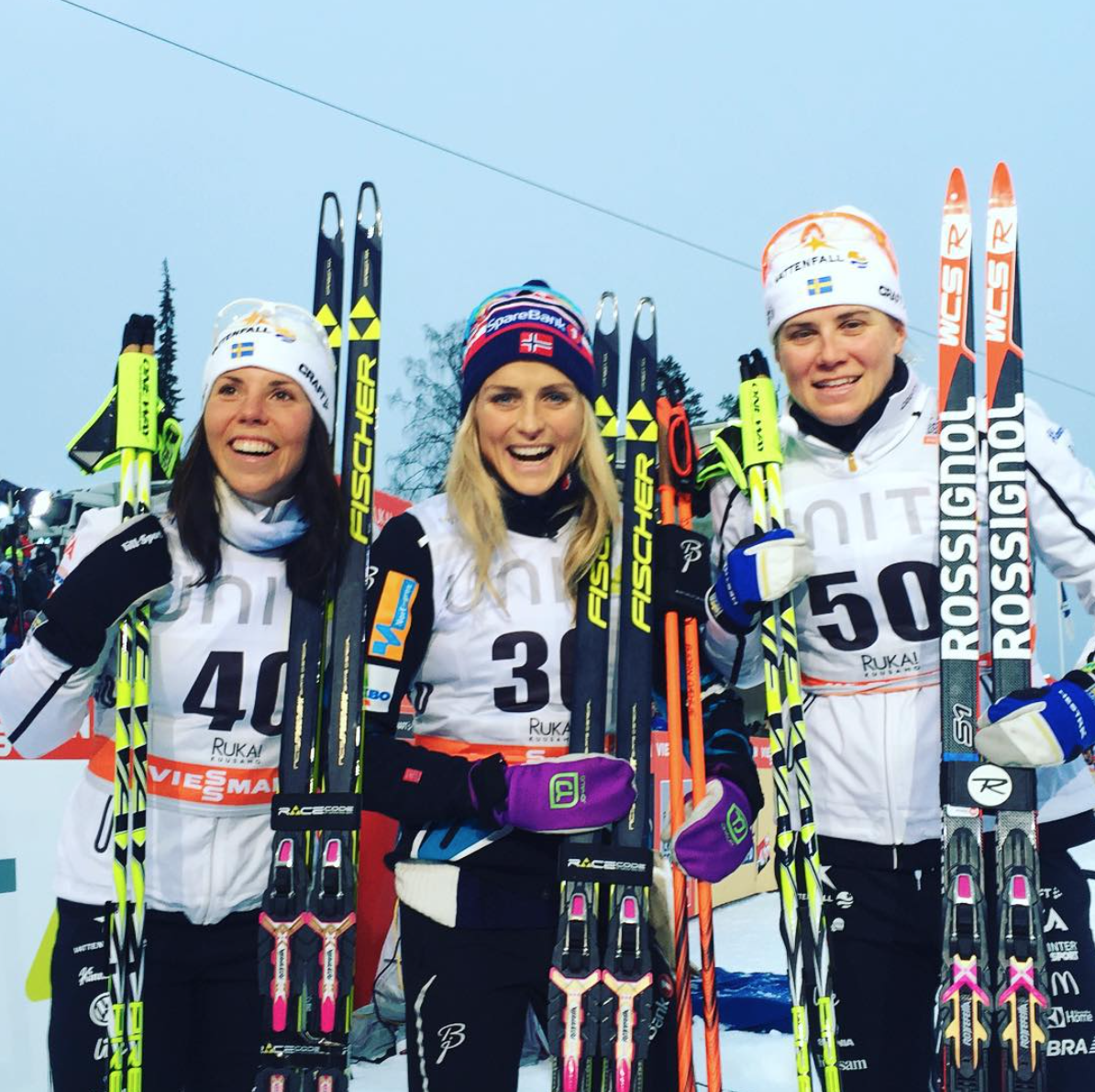 The women's podium in the 5 k classic in Kuusamo, Finland: winner Therese Johaug of Norway (center) and Swedish teammates Charlotte Kalla (left) and Ida Ingemarsdotter in second and third, respectively. (Photo: FIS Cross Country / Instagram)