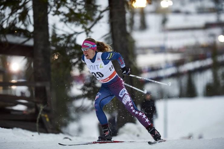 Caitlin Gregg of the U.S. Ski Team racing in Saturday's World Cup 5 k freestyle in Kuusamo, Finland. While she had the eighth-fastest split at 1.2 k, she ended up 48th. (Photo: Madshus/NordicFocus) 