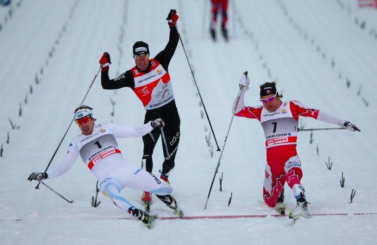 Devon Kershaw (r) lunges for a World Cup silver in the 2011 Tour de Ski classic sprint in Obertsdorf, Germany, 11 years after his Fischer classic skis were made. He placed second to Sweden's Emil Jonsson (l) and edged out Switzerland's Dario Cologna. (Photo: Devon Kershaw)