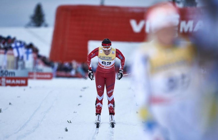 Emily Nishikawa of the Canadian Development Team skiing to 60th in the 10 k classic pursuit at the World Cup in Kuusamo, Finland. (Photo: Fischer/NordicFocus)