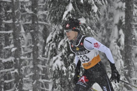 Jaqueline Mourao (CNEPH) racing during snowy women's NorAm 10 k freestyle individual start on Sunday in Vernon, British Columbia. (Photo: XTS Photography) 