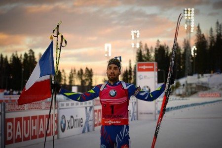 Martin Fourcade of France after winning Sunday's pursuit for his second-consecutive win at the IBU World Cup in Ostersund, Sweden. (Photo: IBU/Evgeny Tumashov)