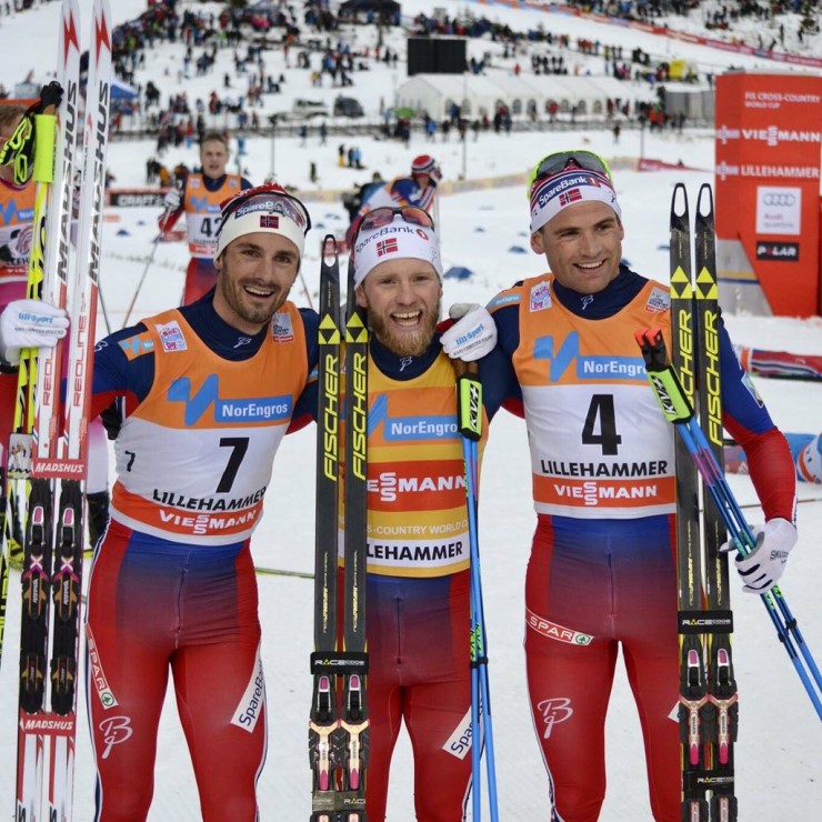 An all-Norwegian men's podium at the World Cup 30 k skiathlon in Lillehammer, Norway, with winner Martin Johnsrud Sundby (c), Niklas Dyrhaug (l) in second and Hans Christer Holund (r) in third. (Photo: WorldCup Lillehammer/Twitter)