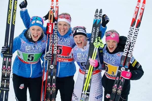 The U.S. women's 4 x 5 k relay team, (from l to r) with Sadie Bjornsen, Rosie Brennan, Jessie Diggins, and Liz Stephen, matched a team best on Sunday in third in the World Cup relay in Lillehammer, Norway. (Photo: USSA Nordic/Twitter)