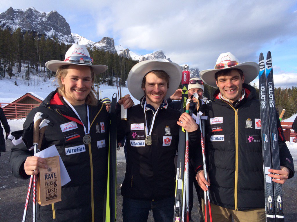 Kevin Sandau (c) and his Alberta World Cup Academy teammates Knute Johnsgaard (l) and Patrick Stewart-Jones (r) placed first, second and fourth, respectively in the men's NorAm 16.5 k freestyle mass start on Dec. 6 in Canmore, Alberta. (Photo: Alberta World Cup Academy/Twitter)