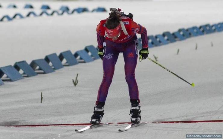 Clare Egan finishing 44th in Thursday's 15 k individual for her best result at that distance at that level. (Photo: USBA/NordicFocus)