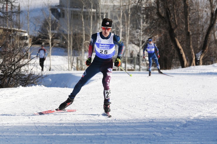 Michael Ward (U.S. Nordic Combined) placed sixth, 10th and 12th in three Continental Cup competitions Dec. 11-13 in Park City, Utah. Here, he's pictured starting the 10 k race in 25th on Dec. 11 at Soldier Hollow. He went on to place 10th in that race. (Photo: U.S. Ski Team/Tom Kelly)
