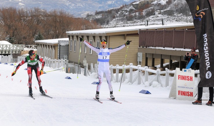 U.S. Nordic Combined's Taylor Fletcher (r) shouts as he edges Austria’s David Pommer at the finish of Sunday's 10 k Gundersen to win this Nordic Combined Continental Cup at Soldier Hollow in Midway, Utah. (Photo: U.S. Ski Team/Tom Kelly)